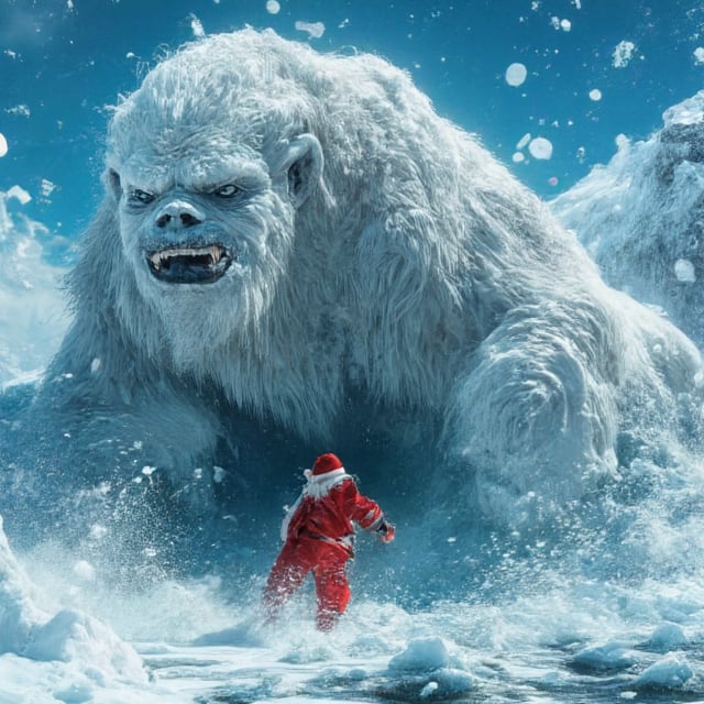 Tracking shot of a panicked santa claus,  fighting a huge snowball monster . In this iconic action scene,  Santa is domina...