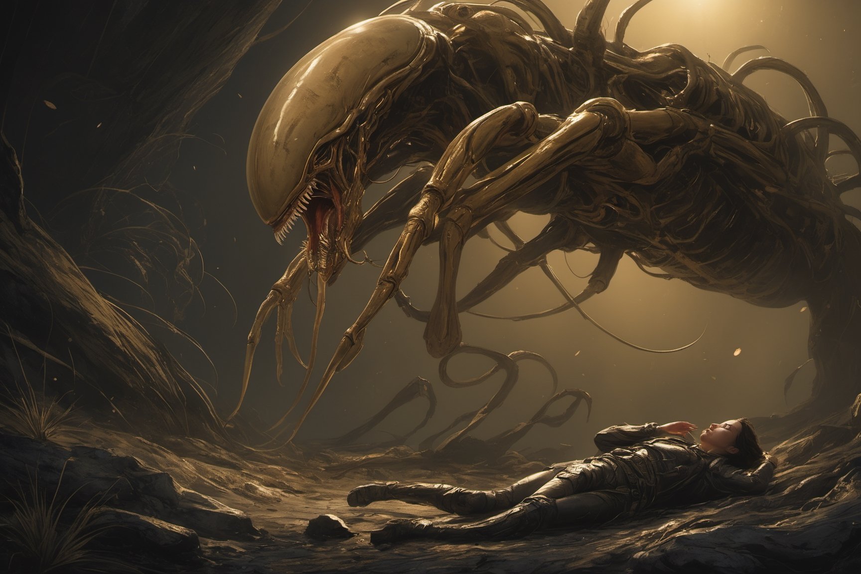 a xenomorph Facehugger launches itself at a nearby victim by Ravishastri on Tensor.Art