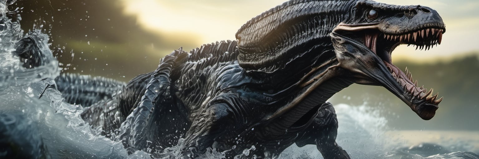 an alien xenomorph leaping from the water,  attacking swiftly like a crocodile,  water splashing by Ravishastri on Tensor.Art