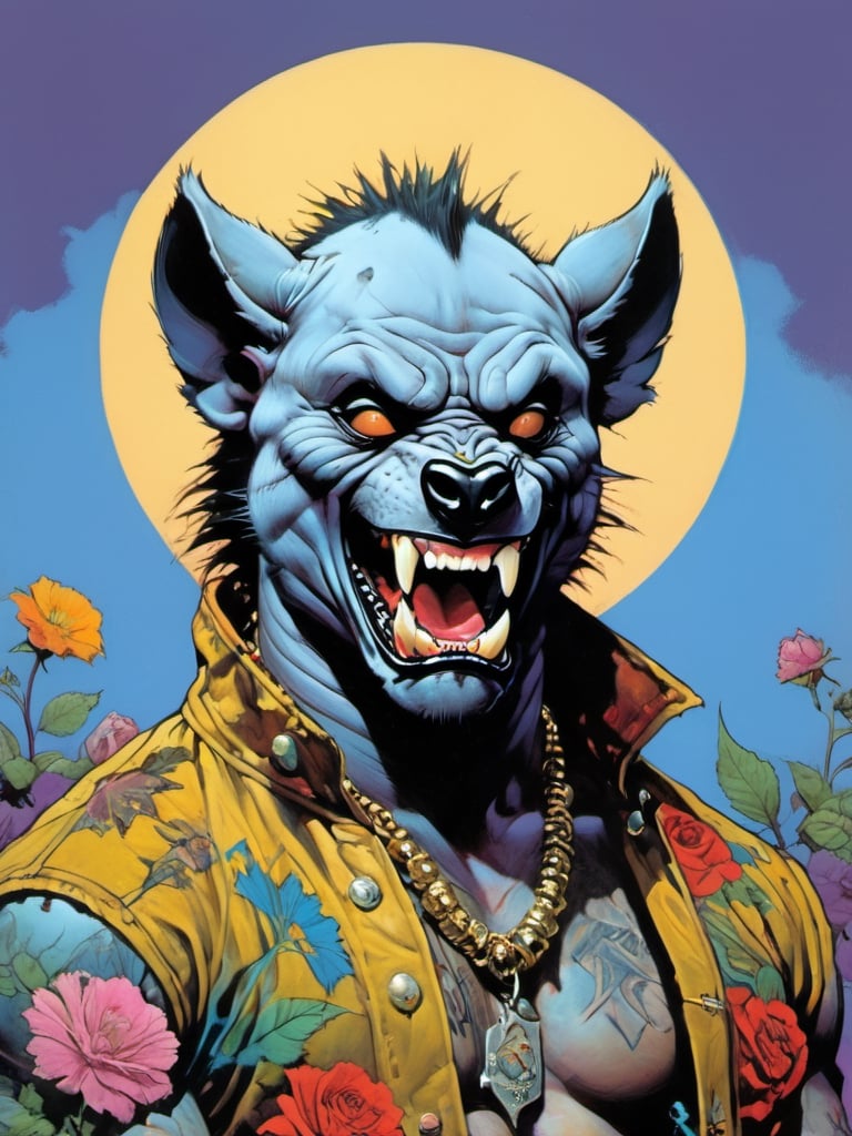 hip hyena growling, howling at the moon, Horror Comics style, art by brom, tattoo by ed hardy, shaved hair, neck tattoos andy warhol, heavily muscled, biceps,glam gore, horror, hyena , demonic, hell visions, demonic women, military poster style, chequer board, vogue bear portrait, Horror Comics style, art by brom, smiling, lennon sun glasses, punk hairdo, tattoo by ed hardy, shaved hair, neck tattoos by andy warhol, heavily muscled, biceps, glam gore, horror, poster style, flower garden,