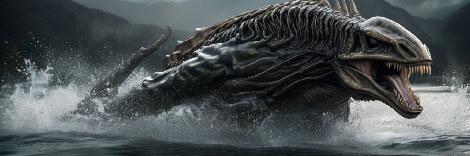 an alien xenomorph leaping from the water,  attacking swiftly like a crocodile,  water splashing by Ravishastri on Tensor.Art