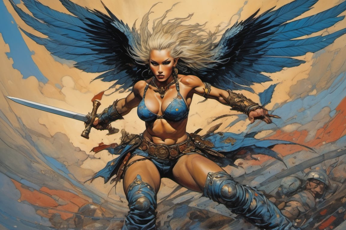 heaven poster, a warrior women, hair is wind blown, huge wings on her back, dramatic blue sky and angry lightening clouds behind her, long battle sword in her right hand, blood dripping from the sword, manga style, an oil painting, a masterpiece, art by TavitaNiko, art by Vallejo, art by Klimt , art by brom, tattoo by ed hardy, shaved hair, neck tattoos andy warhol, heavily muscled, biceps,glam gore, horror, demonic, hell visions, demonic women, military poster style, asian art, chequer board,