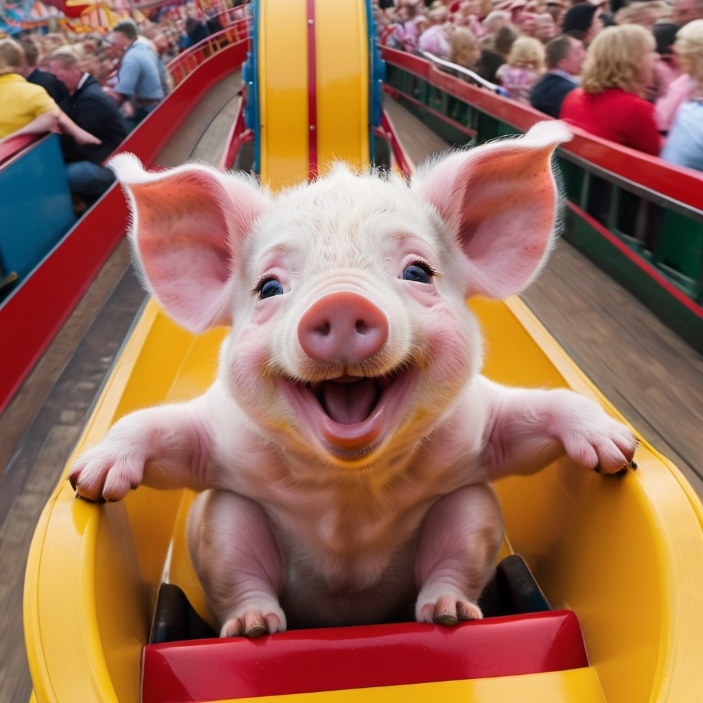 a cute 10 week old piglet,  white,  seated riding in the roller coaster at the fairground by Ravishastri on Tensor.Art