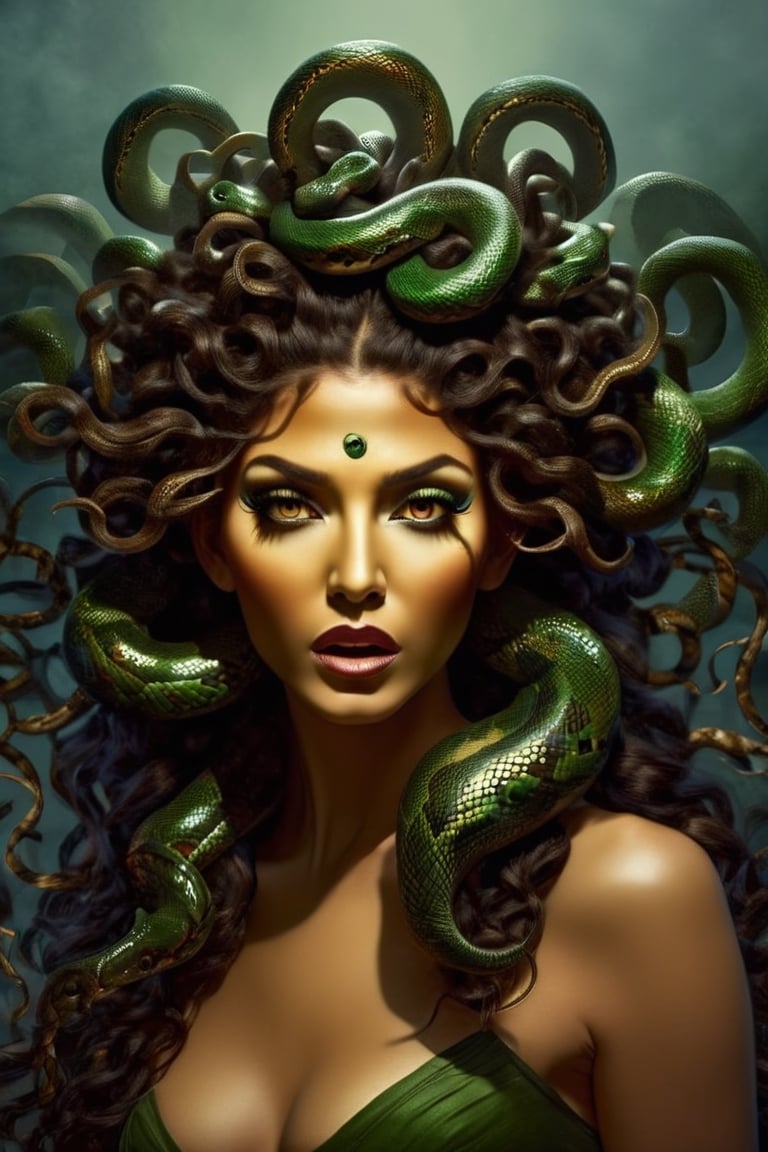 Produce a captivating digital artwork where Medusa's hair consists entirely of individual snakes, each culminating with a menacing snake head at the end. Craft an image that truly embodies the essence of this mythical character, emphasizing the intricate details and expressions of each snake head. Create a scene that showcases Medusa's terrifying allure, with her hair entirely composed of these serpentine creatures. Utilize your artistic skills to bring Medusa to life in a way that accentuates her unique and menacing hair, capturing the blend of fascination and fear that surrounds this iconic figure.