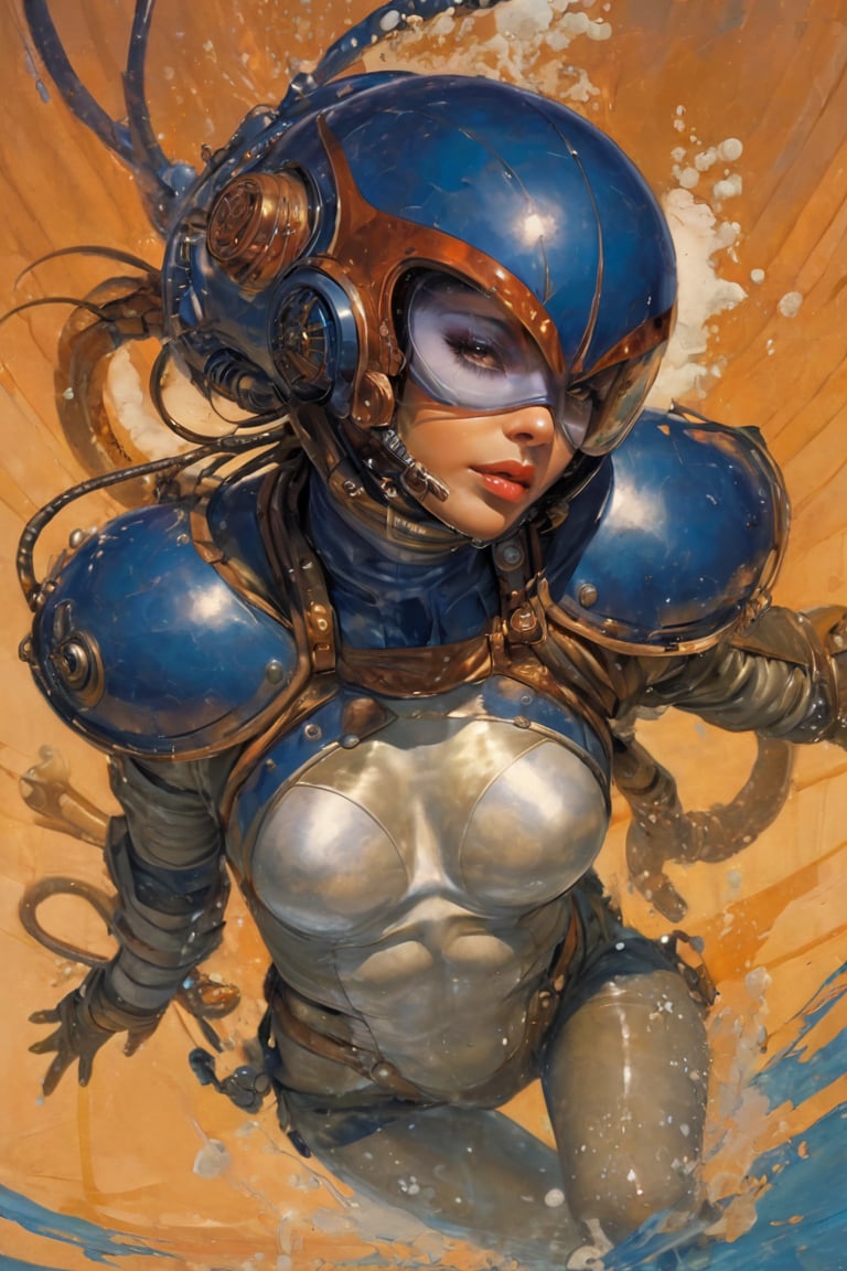 art by Masamune Shirow, art by J.C. Leyendecker, art by simon bisley, art by ralph steadman, a masterpiece, stunning beauty, hyper-realistic oil painting, star wars alien creatures, a portrait picture, incredible detail, fantasy portrait, alien skin, breathing apparatus, fish like skin, eel like noses, blue graffiti background,