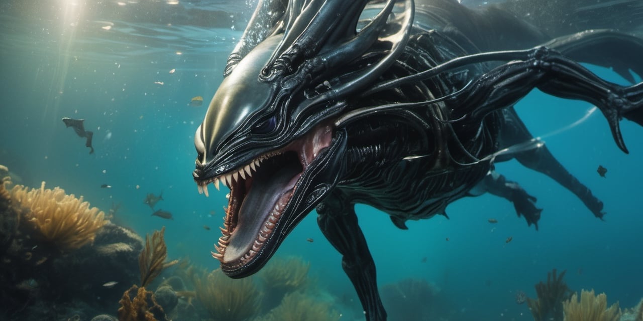 an alien tshark xenomorph launches itself at a nearby victim,  black shiny carapace,  drool by Ravishastri on Tensor.Art