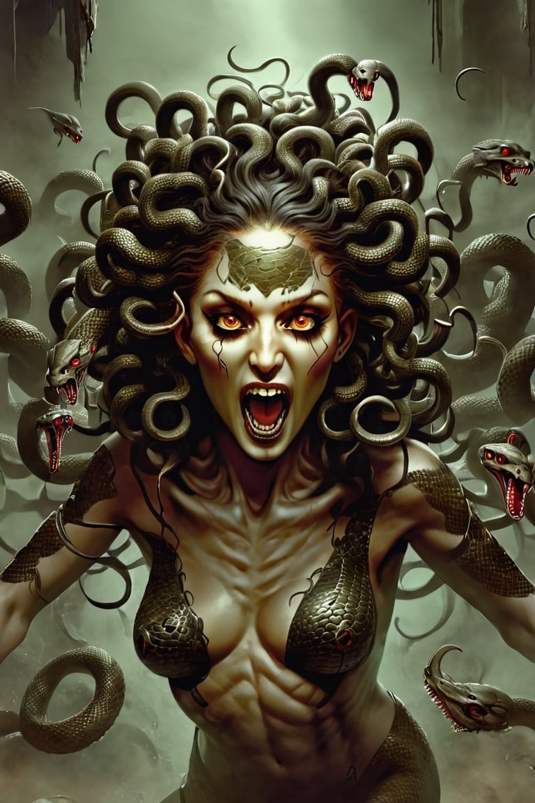 Generate a captivating digital artwork of Medusa with an abundance of snake heads adorning her head. Craft a scene that vividly showcases Medusa's captivating and eerie allure, highlighting the multitude of snake heads entwined in her hair. Utilize your artistic talents to bring to life the mythical character, Medusa, with a profusion of snake heads, each imbued with unique details and expressions. Create an image that captures the essence of this mythological figure, where the sheer number of snake heads adds to the sense of both fascination and fear.