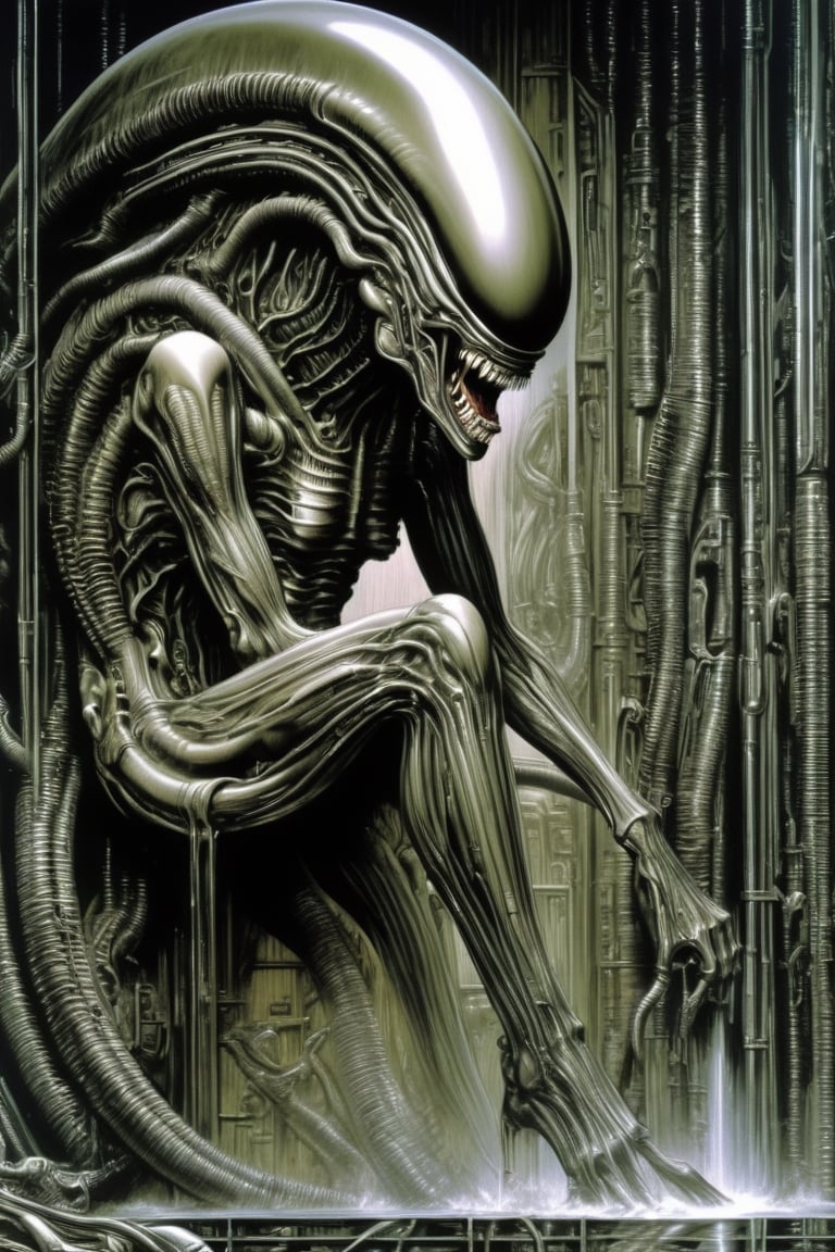 art by Masamune Shirow, art by hr giger, a masterpiece, stunning beauty, hyper-realistic oil painting, a xenomorph, low lighting, intense, dripping blood and sweat, messed up, battling human troopers, a telephoto shot, 1000mm lens, f2,8, ,Matrix code