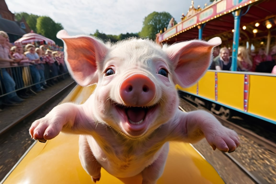 a cute 10 week old piglet,  white,  riding the haunted train at the fairground by Ravishastri on Tensor.Art