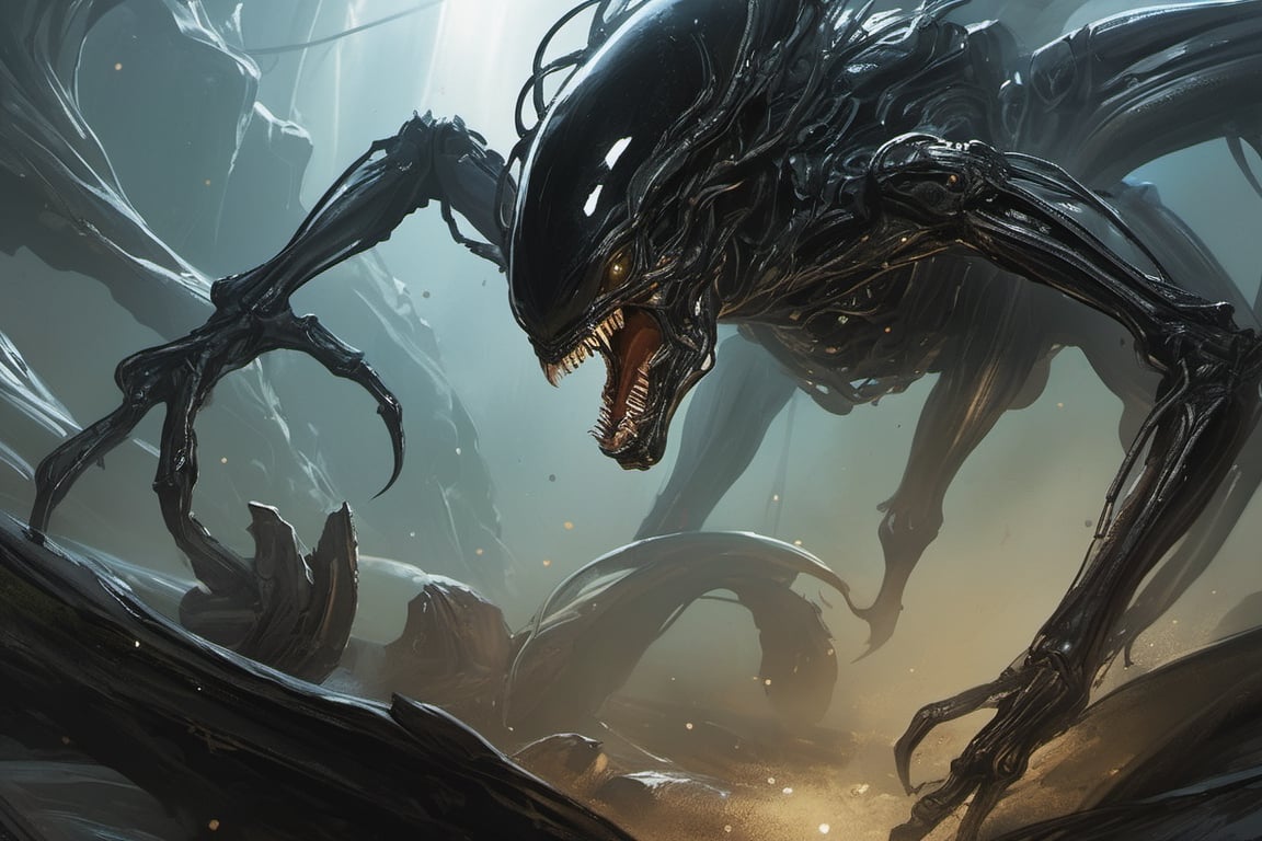 an alien sspider xenomorph launches itself at a nearby victim,  black shiny see through carapace with skull visible behind...
