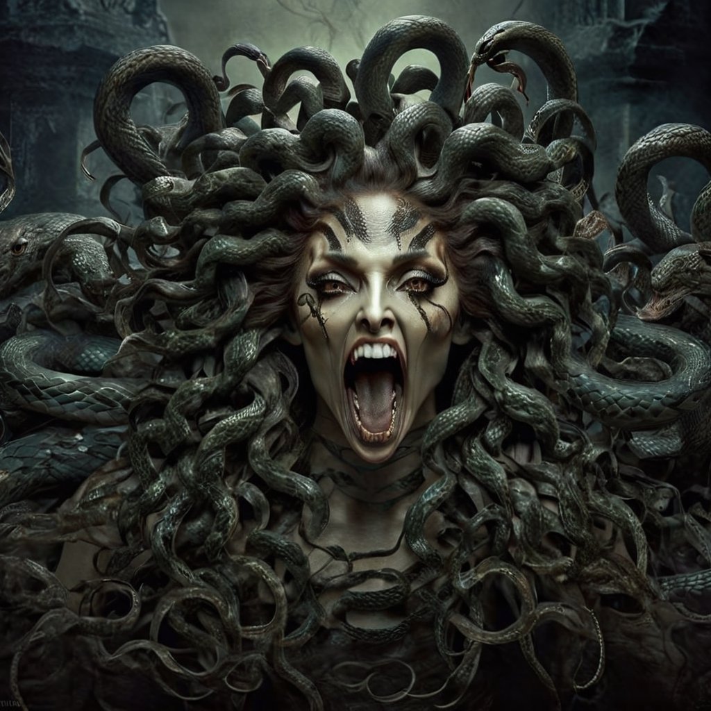 "Produce a captivating digital artwork where Medusa's hair consists entirely of individual snakes,  each culminating with...