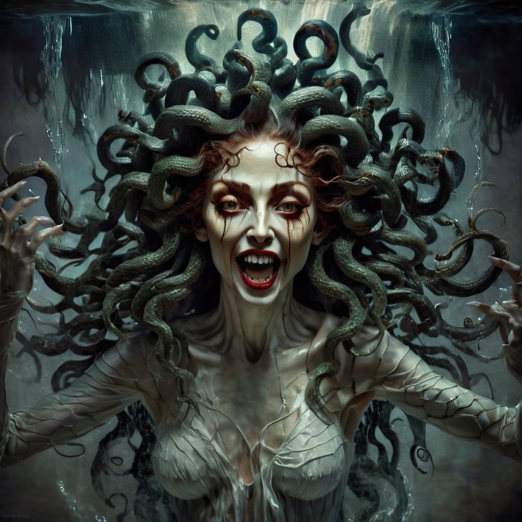 Create a captivating and realistic digital artwork of Medusa,  the mythological Gorgon,  with her head covered in her icon...