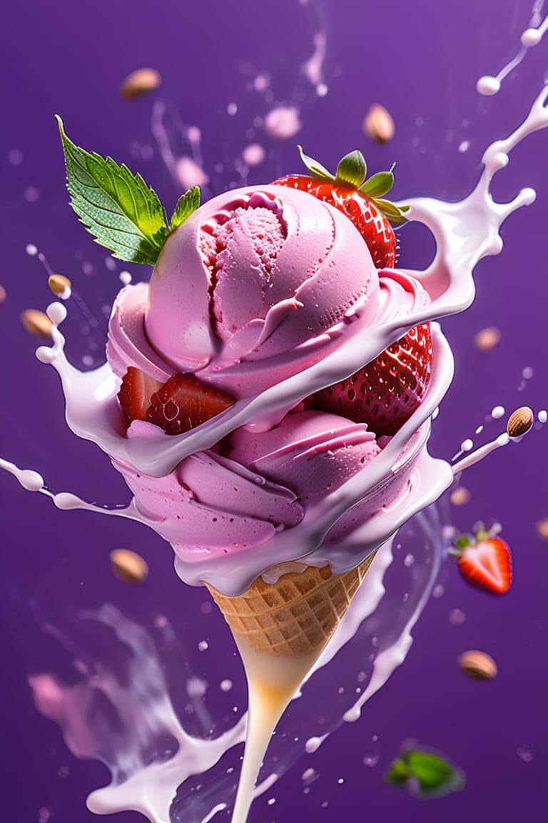 an extreme close up, macro photograph of strawberry ice cream with milk cream, in a stylish modern glass, ice cubes, nuts, mint leaves, splashing milk cream, in a gradient purple background, fluid motion, dynamic movement, cinematic lighting, Mysterious, golden ratio, fake detail, trending pixiv fanbox, acrylic palette knife, style of makoto shinkai studio ghibli genshin impact james gilleard greg rutkowski chiho aoshima,digital artwork by Beksinski,action shot