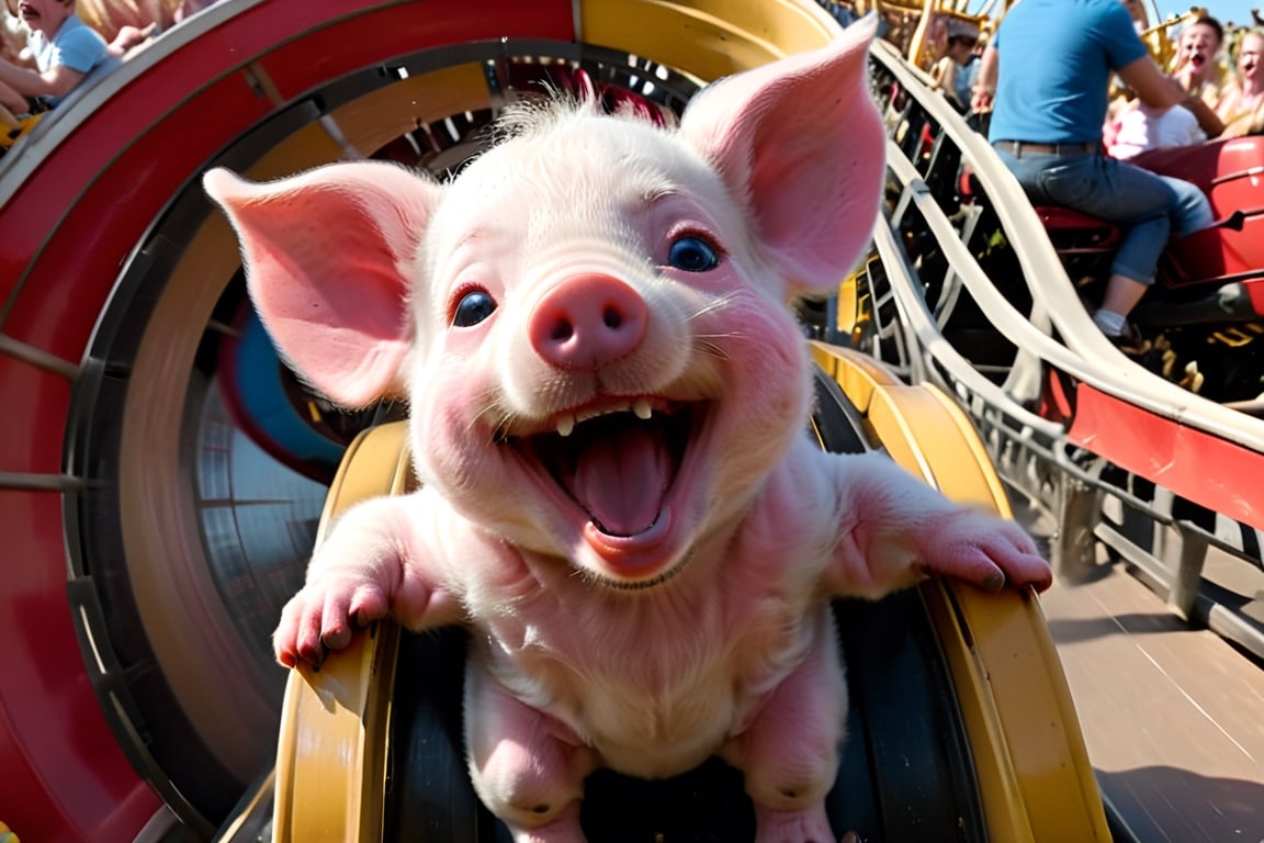 a cute 10 week old piglet,  white,  seated riding in the roller coaster at the fairground by Ravishastri on Tensor.Art