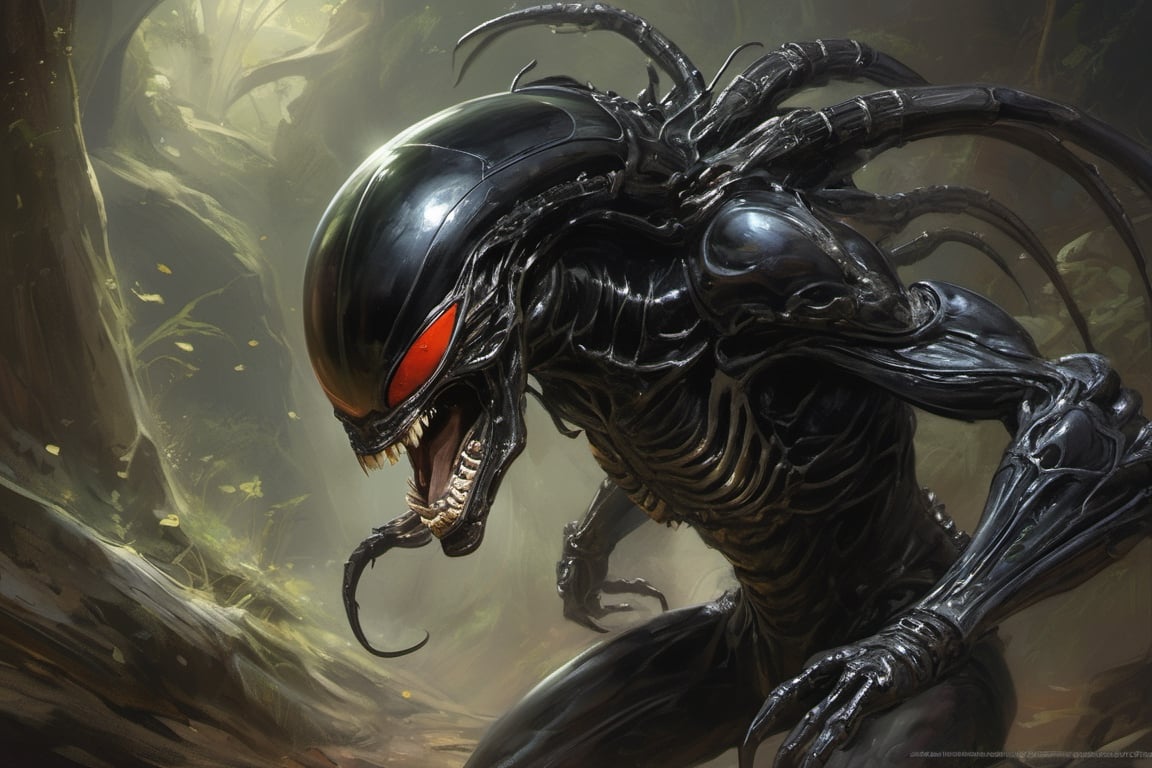 an alien sspider xenomorph launches itself at a nearby victim,  black shiny carapace,  see through to the skull by Ravisha...