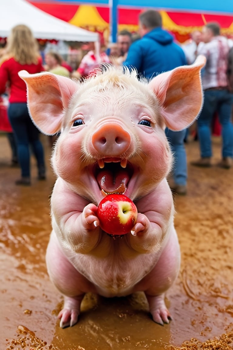 a cute 10 week old piglet,  white,  eating a big red dripping sticky toffee apple at the fair both hands gripping it tight...