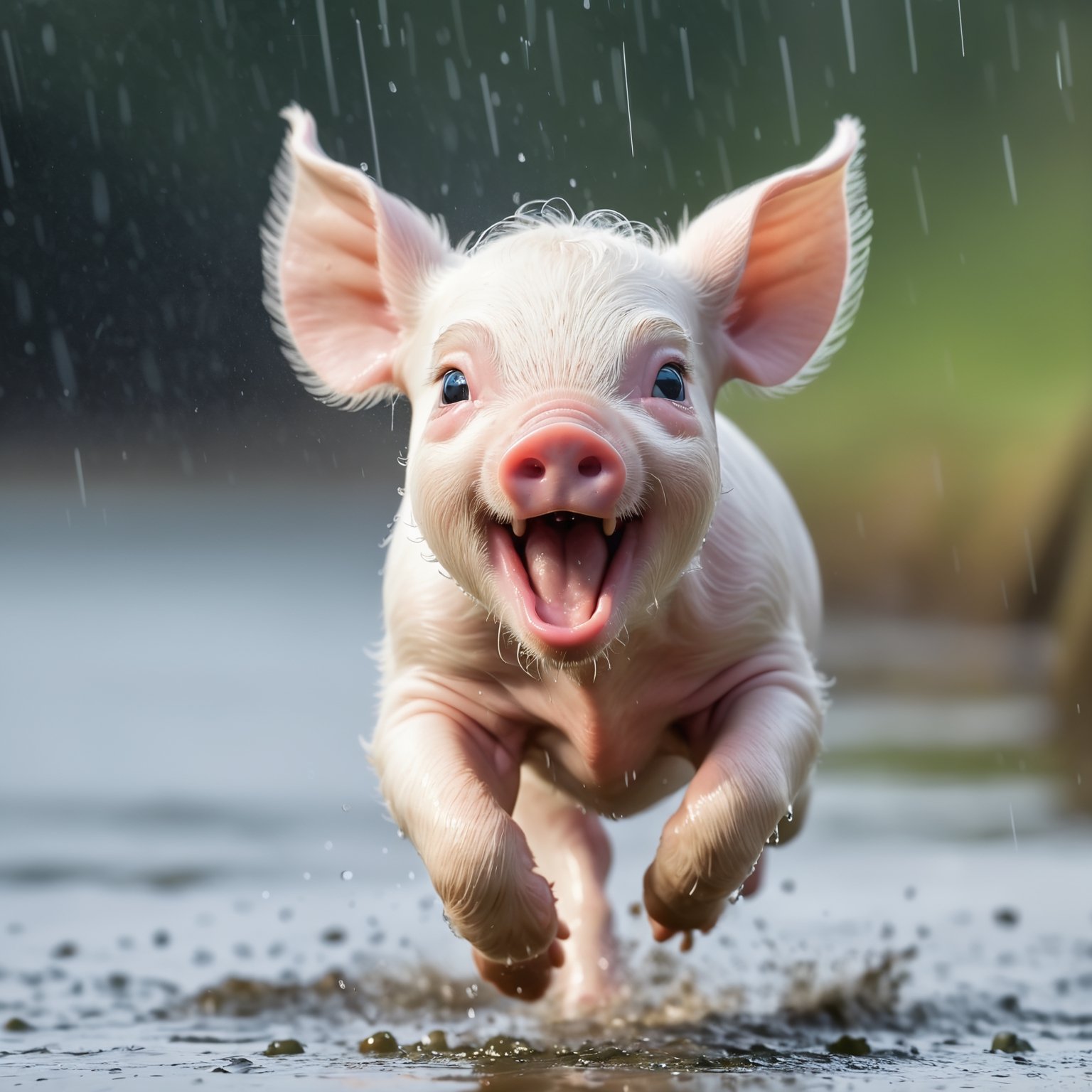 a cute 10 week old white piglet screaming,  laughing and running (( very fast )) in the rain (( blurry )) over water,  8k...