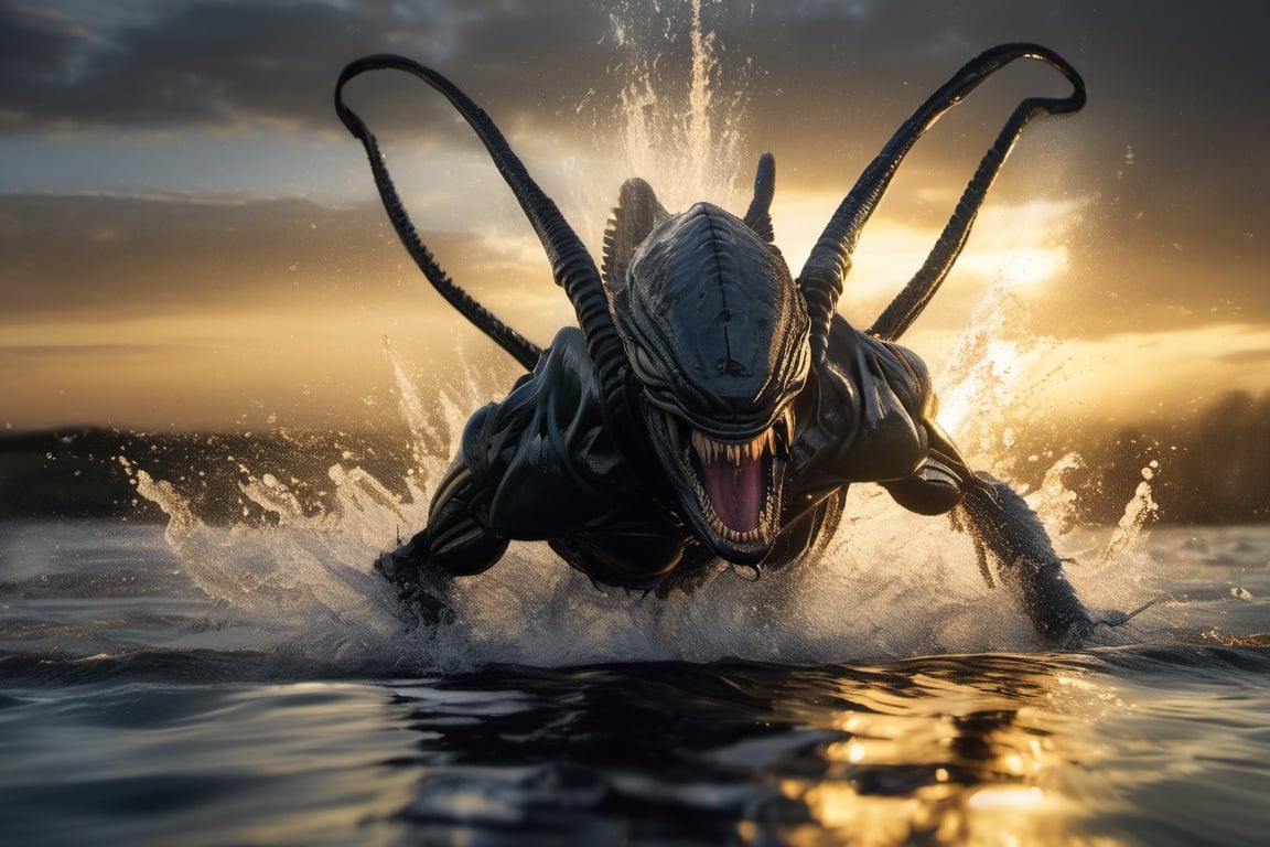a horde of alien xenomorphs leaping from the water,  attacking swiftly like a crocodile,  water splashing by Ravishastri o...