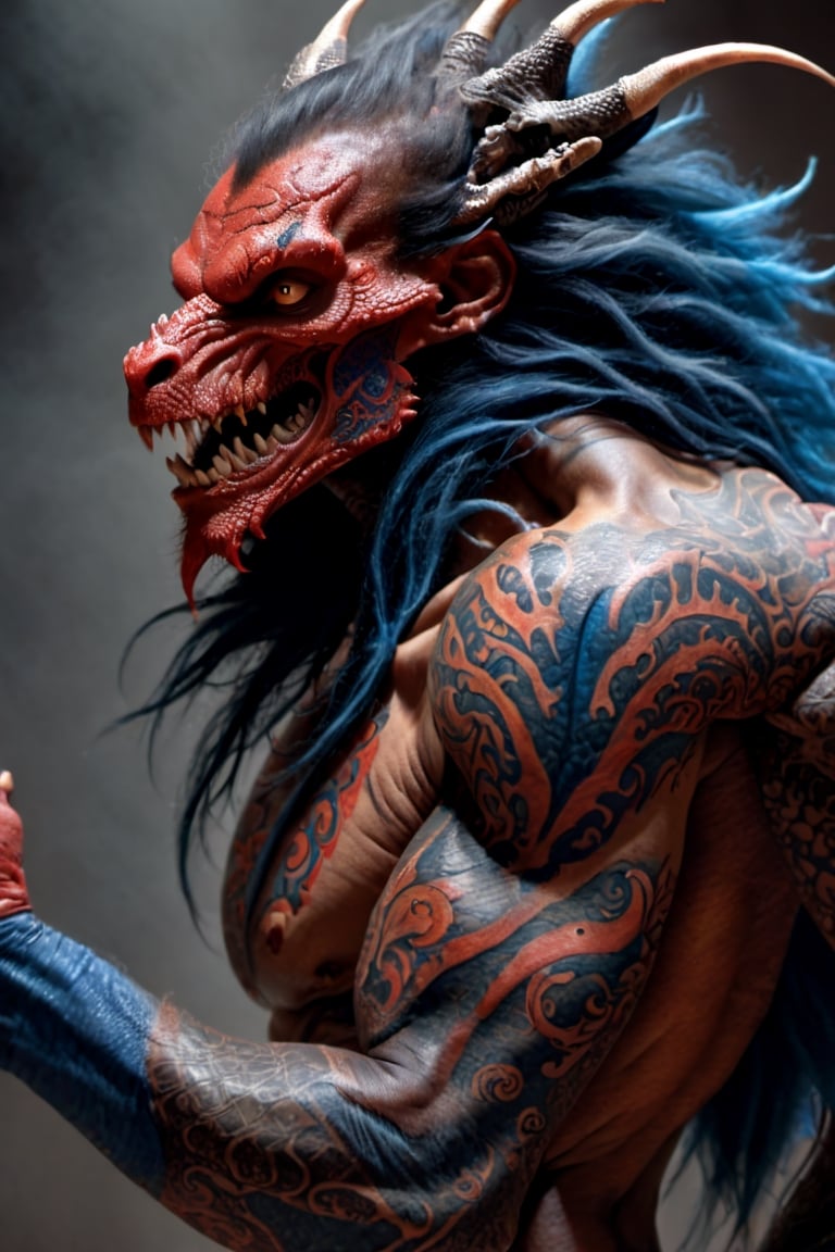 An sexy black african mans arm and shoulder, telephoto lens shot, man is staring at the viewer, raging, long hair, the arm and shoulder are  covered in a very detailed intricate red and blue dragon tattoo that is protruding outfrom the skin, coming alive, its screaming, scratching, similar to dragon tattoo by Boris Vallejo, slowly you see the small dragon tattoo in parts is coming out of the skin and becoming a real version of the tattoo, sticking out, scales, extended claws, 16K, movie still, cinematic, ,omatsuri