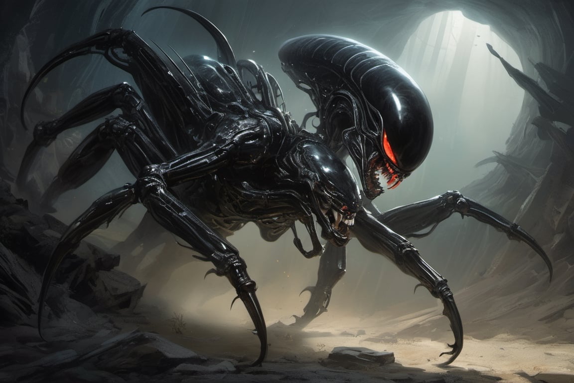 an alien sspider xenomorph launches itself at a nearby victim,  black shiny carapace,  see through to the skull by Ravisha...