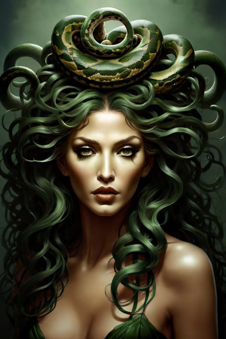 Create a captivating and realistic digital artwork of Medusa, the mythological Gorgon, with her iconic snake hair. Craft a scene that portrays her in all her terrifying beauty, and bring out the intricate details of her serpentine locks. show the terror of snakes as hair by using your artistic talent to capture the essence of this mythical character, making her come to life on the canvas. Let your imagination and creativity run wild in depicting Medusa and her mesmerizing, venomous hair in a way that evokes both fear and fascination,