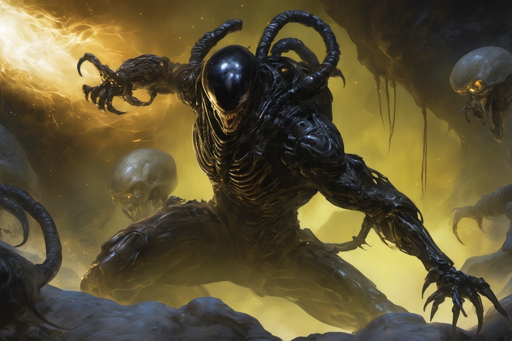 an alien sspider xenomorph launches itself at a nearby victim,  black shiny carapace,  see through to the skull by Ravisha...