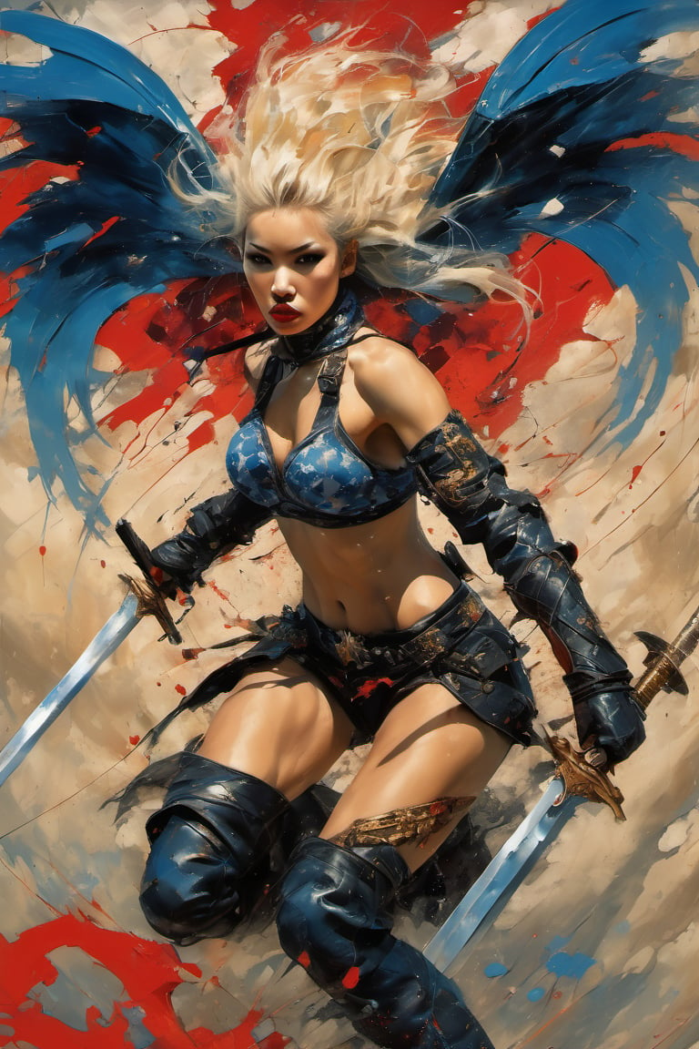 heaven poster, a warrior women, hair is wind blown, huge wings on her back, dramatic blue sky and angry lightening clouds behind her, long battle sword in her right hand, blood dripping from the sword, manga style, an oil painting, a masterpiece, art by TavitaNiko, art by Vallejo, art by Klimt , art by brom, tattoo by ed hardy, shaved hair, neck tattoos andy warhol, heavily muscled, biceps,glam gore, horror, demonic, hell visions, demonic women, military poster style, asian art, chequer board,