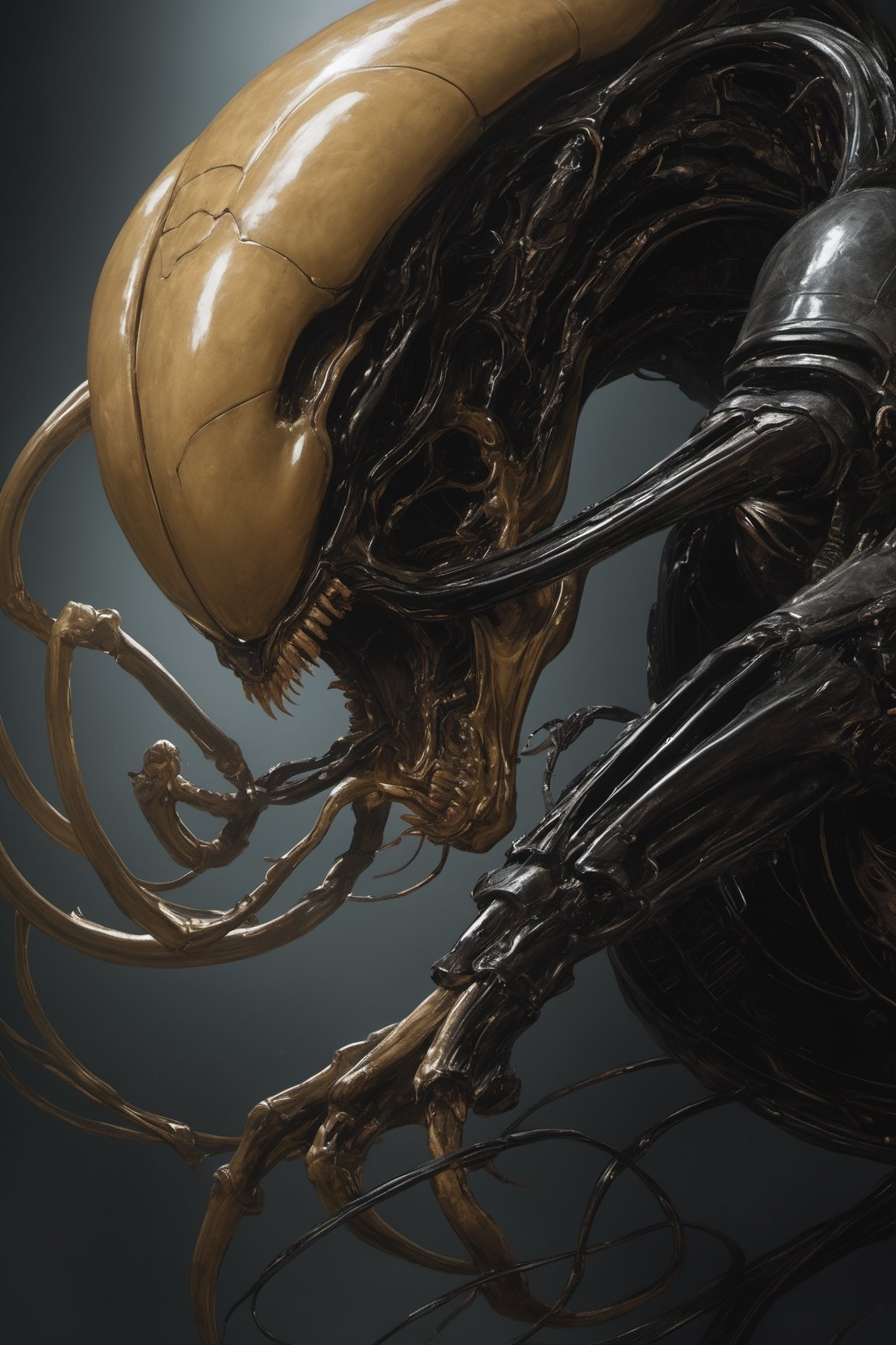 an alien xenomorph Facehugger launches itself at a nearby victim,  black shiny carapace,  with see through to skull by Rav...