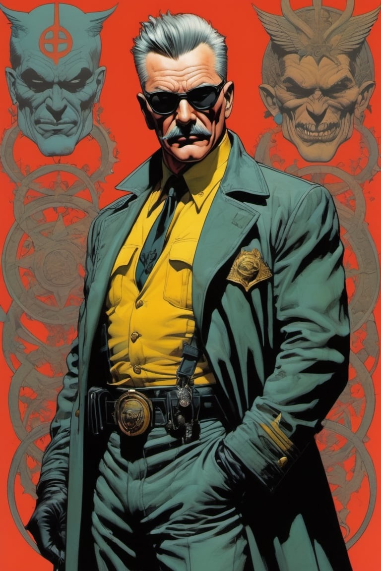 Commissioner Gordon, Horror Comics style, art by brom, tattoo by ed hardy, shaved hair, neck tattoos andy warhol, heavily muscled, biceps,glam gore, horror, demonic, hell visions, demonic women, military poster style, asian art, chequer board