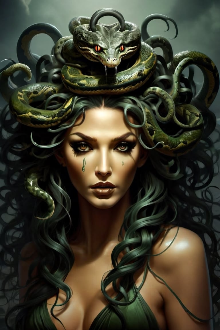 Create a captivating and realistic digital artwork of Medusa, the mythological Gorgon, with her iconic snake hair. Craft a scene that portrays her in all her terrifying beauty, and bring out the intricate details of her serpentine locks. show the terror of snakes as hair by using your artistic talent to capture the essence of this mythical character, making her come to life on the canvas. Let your imagination and creativity run wild in depicting Medusa and her mesmerizing, venomous hair in a way that evokes both fear and fascination,