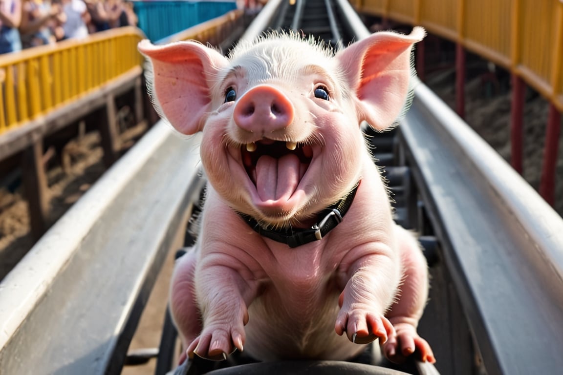 a cute 10 week old piglet,  white,  riding the roller coaster at the fairground by Ravishastri on Tensor.Art