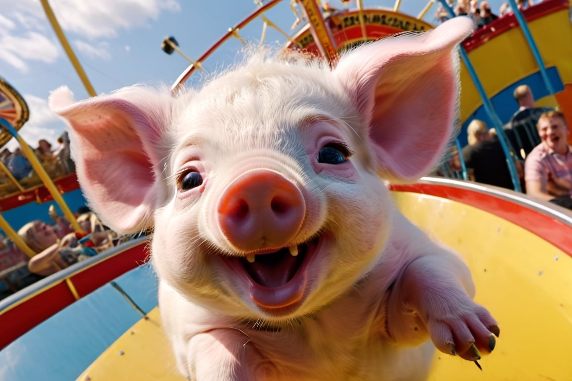 a cute 10 week old piglet,  white,  riding the ferris wheel at the fairground by Ravishastri on Tensor.Art