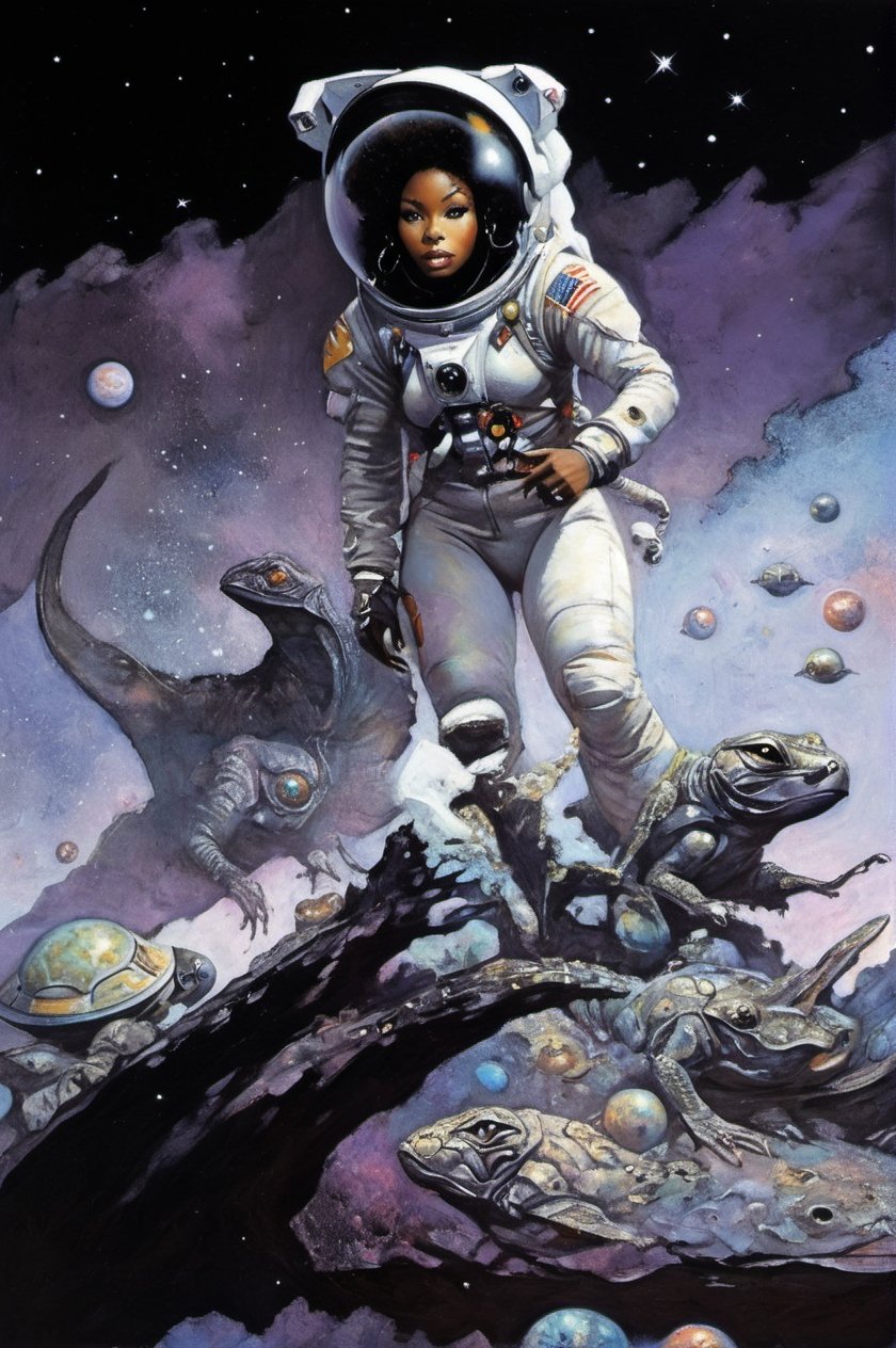 an oil painting,  a masterpiece,  a black female astronaut by Ravishastri on Tensor.Art