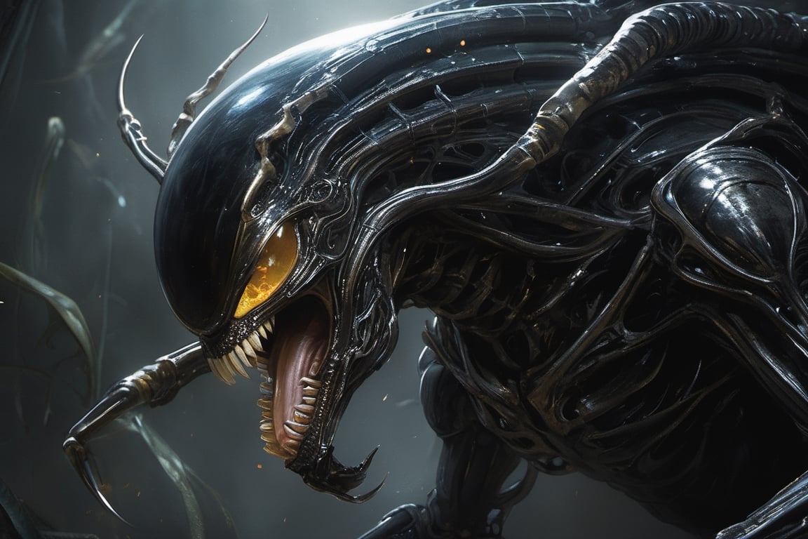 an alien sspider xenomorph launches itself at a nearby victim,  black shiny carapace,  see through to the skull by Ravisha...