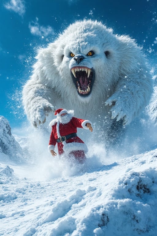 Tracking shot of a panicked santa claus,  fighting a huge snowball monster . In this iconic action scene,  Santa is domina...
