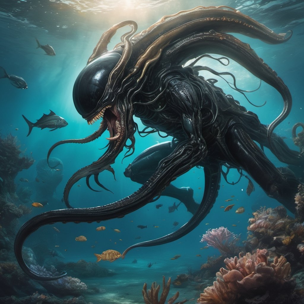 an alien xenomorph launches itself at a nearby giant octopus,  black shiny carapace,  tentacles by Ravishastri on Tensor.Art