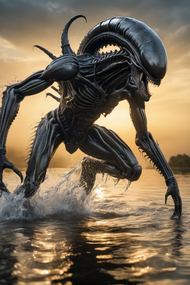 an alien xenomorph rising from the water,  its alien like wings flapping to keep it aloft,  water drops by Ravishastri on...