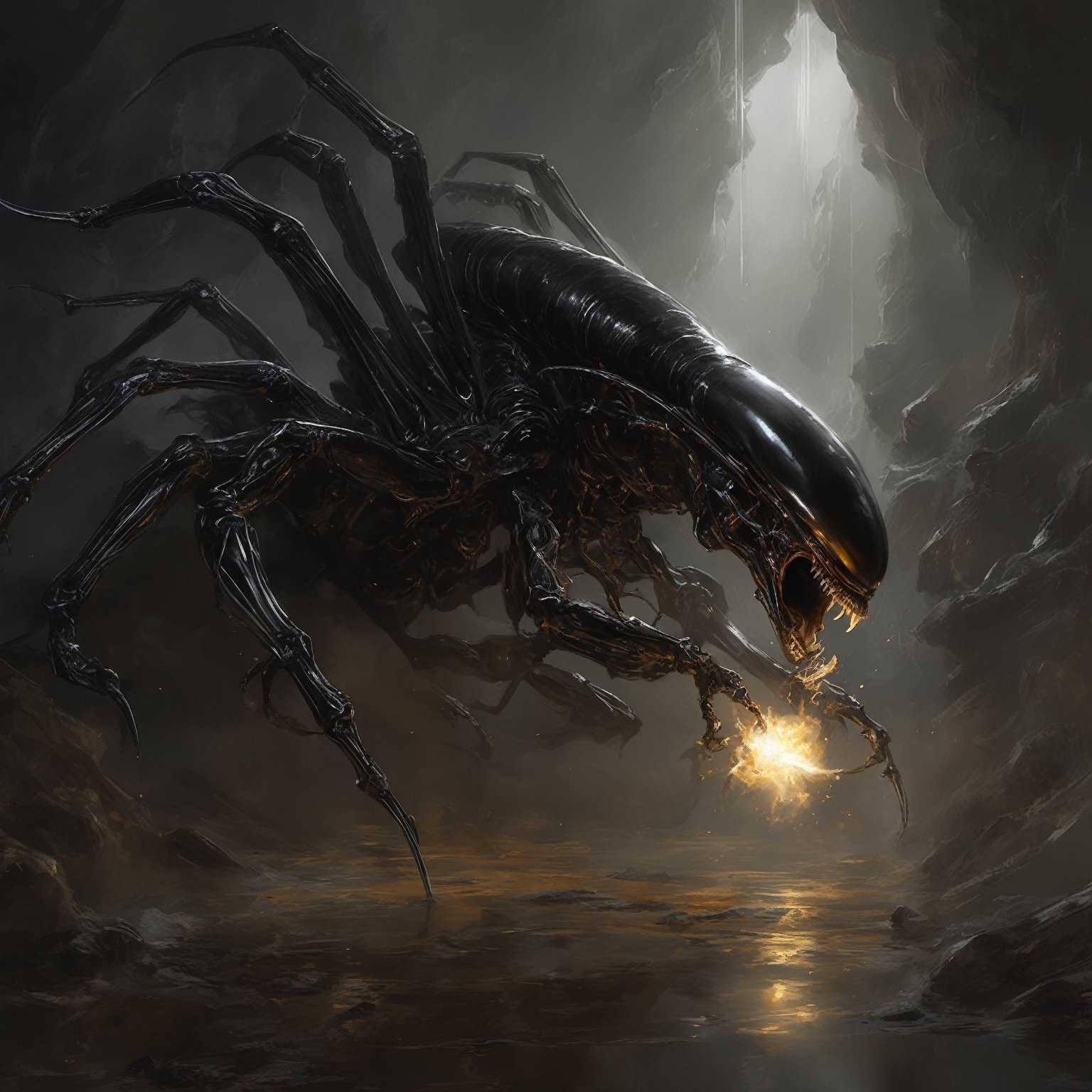 an alien sspider xenomorph launches itself at a nearby victim,  black shiny carapace,  see through to the skull by Ravisha...