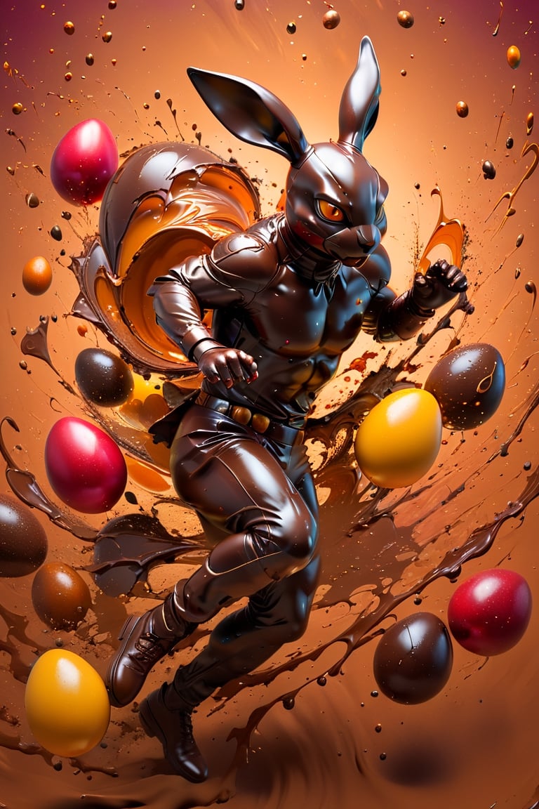 a photograph of Easter eggs, chocolate bunny , coloured foil eggs, caramello eggs, in a gradient cherry coloured background, fluid motion, dynamic movement, cinematic lighting, palette knife, digital artwork by Beksinski,action shot,sweetscape, 3D, oversized fruit, caramel theme, art by Klimt, airbrush art, 