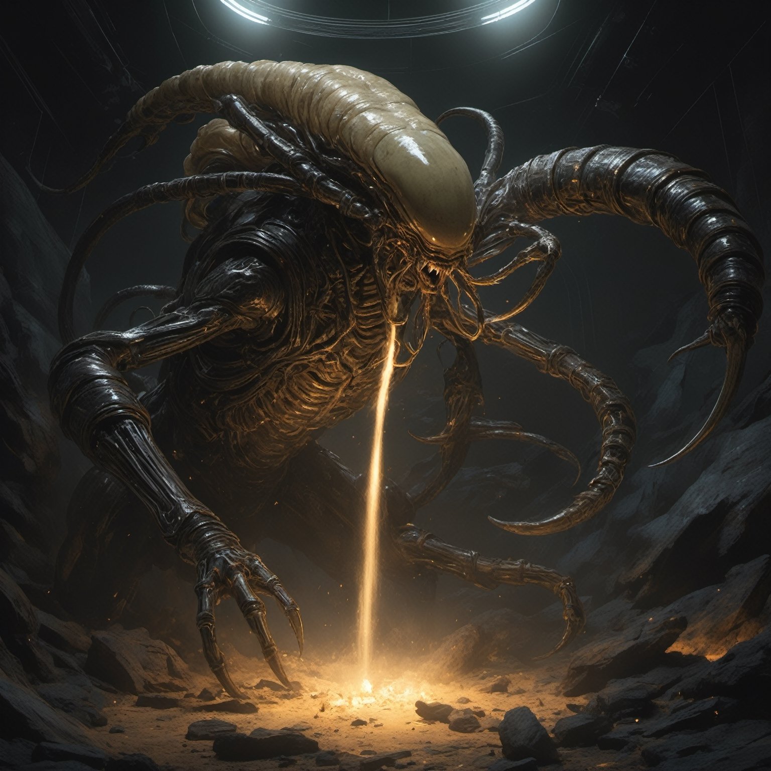 an alien xenomorph Facehugger launches itself at a nearby victim,  black shiny carapace,  with see through to skull by Rav...