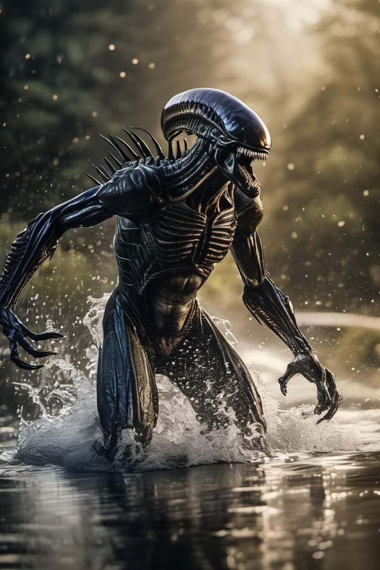 an alien xenomorph leaping from the water,  attacking swiftly like a crocodile,  water splashing by Ravishastri on Tensor.Art