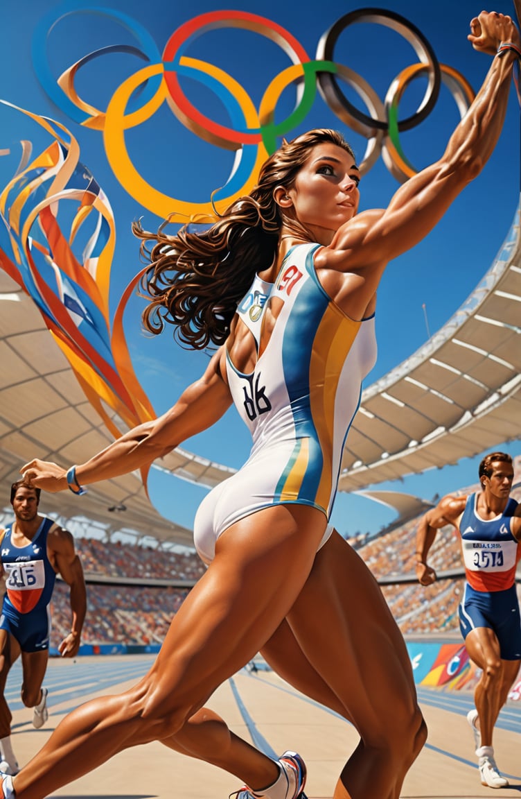 olympic carved athletes by michelangelo, art by simon bisley, art by Boris Vallejo , a masterpiece, stunning beauty, hyper-realistic movie poster, 8k, olympic stadium athletes, olympic rings, an Australian olympic athlete,  a telephoto portrait picture, background blurred, incredible detail, fantasy portrait, smooth skin, kaleidoscope graffiti background, artint, frutiger, An Olympic athlete stands triumphantly, gold medal held aloft in one hand.  The artwork is a masterpiece, boasting incredible detail and a sense of depth that pulls the viewer in.