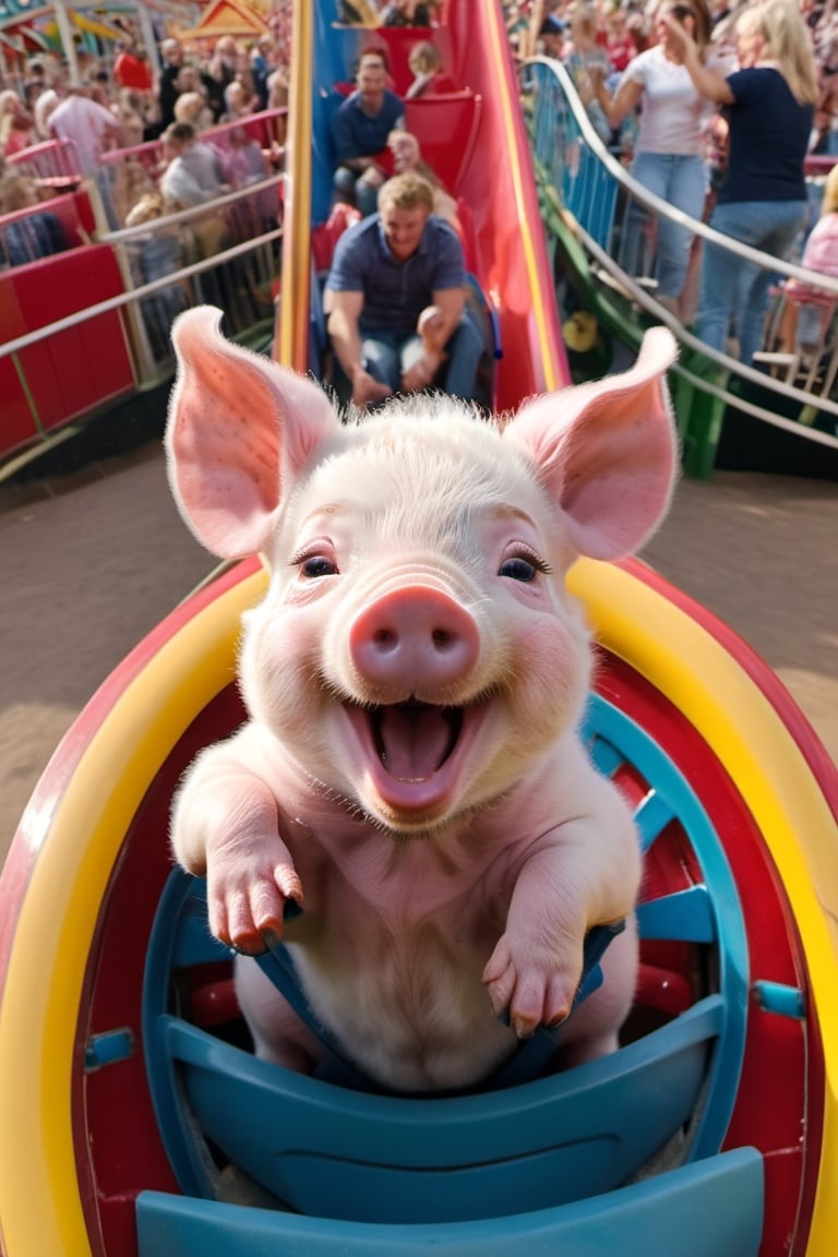 a cute 10 week old piglet,  white,  seated riding in the roller coaster at the fairground by Ravishastri on Tensor.Art