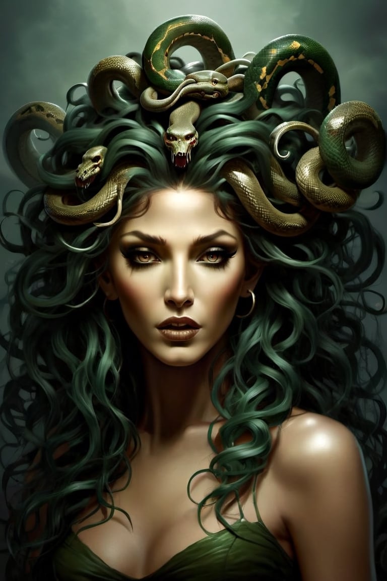 Create a captivating and realistic digital artwork of Medusa, the mythological Gorgon, with her iconic snake hair. Craft a scene that portrays her in all her terrifying beauty, and bring out the intricate details of her serpentine locks. show the terror of snakes as hair by using your artistic talent to capture the essence of this mythical character, making her come to life on the canvas. Let your imagination and creativity run wild in depicting Medusa and her mesmerizing, venomous hair in a way that evokes both fear and fascination,