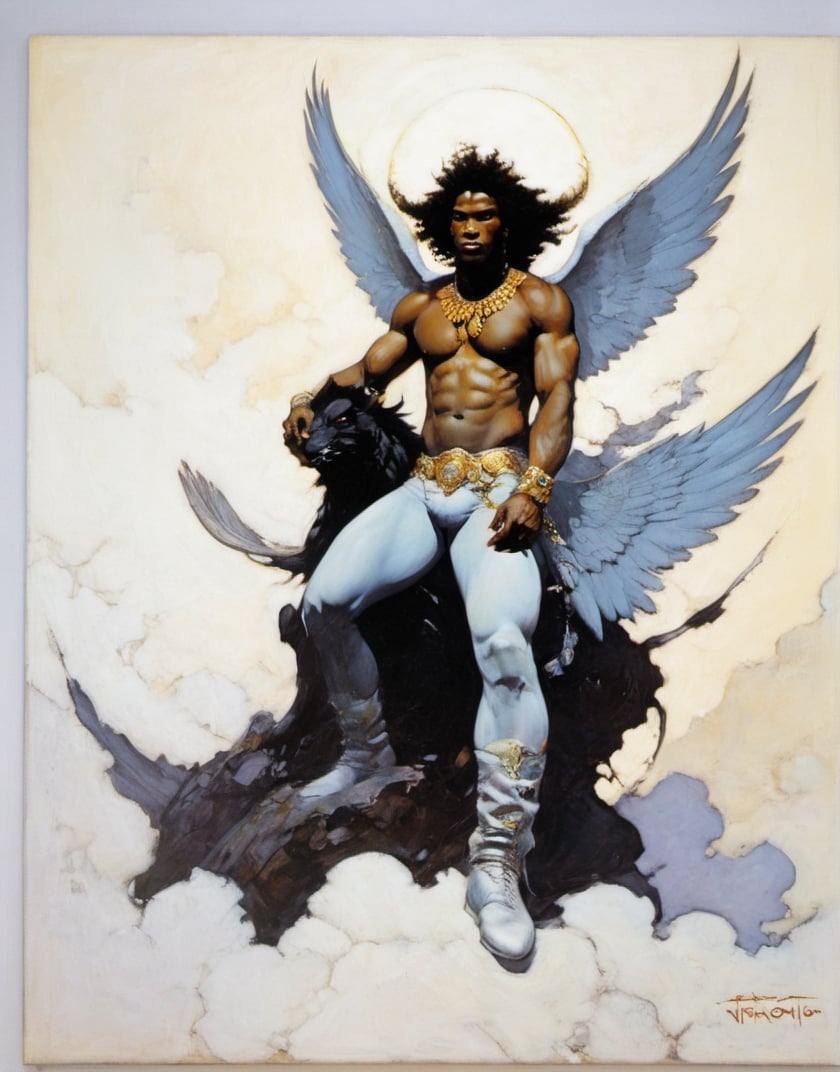 an oil painting, a masterpiece, a black male angel, wings spread,  art by TavitaNiko, art by mel odom, art by Klimt , art by brom, art by Warhol, art by frazetta, 