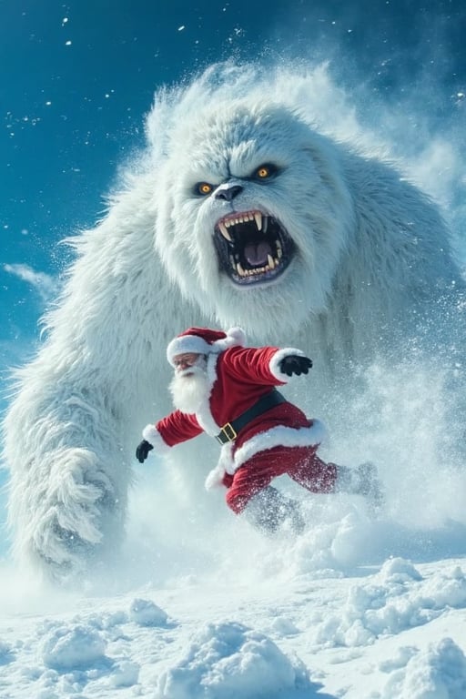 Tracking shot of a panicked santa claus,  fighting a huge snowball monster . In this iconic action scene,  Santa is domina...