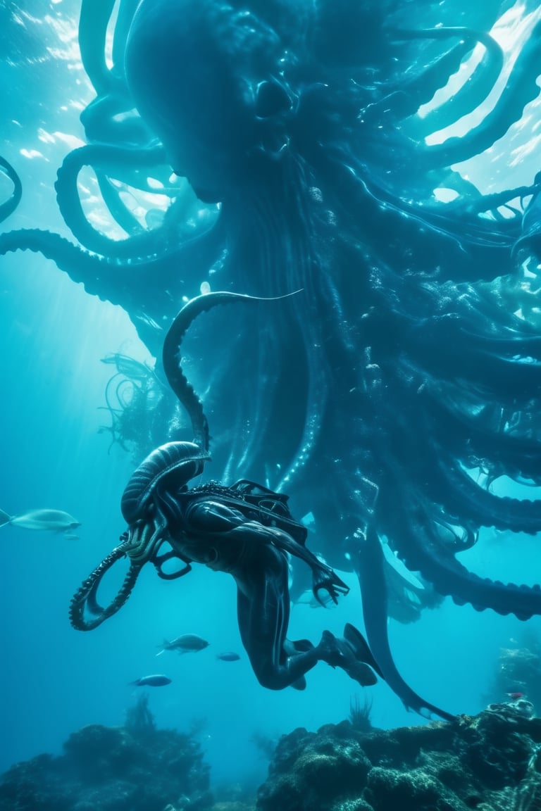 an alien xenomorph launches itself at a nearby victim,  a giant octopus,  motion blur by Ravishastri on Tensor.Art