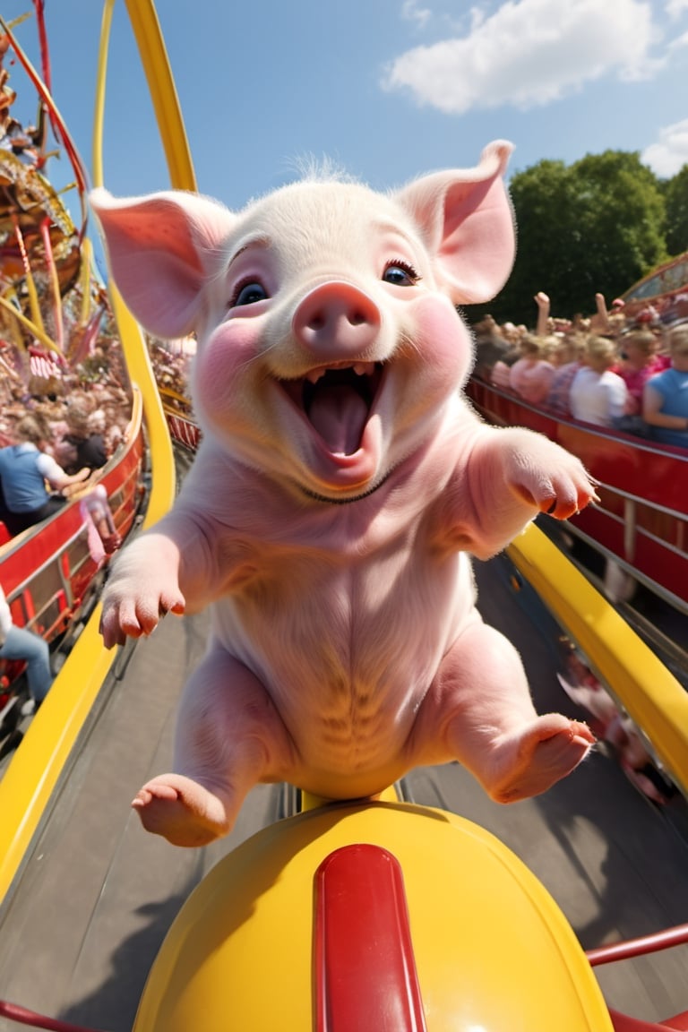 a cute 10 week old piglet,  white,  riding the roller coaster at the fairground by Ravishastri on Tensor.Art