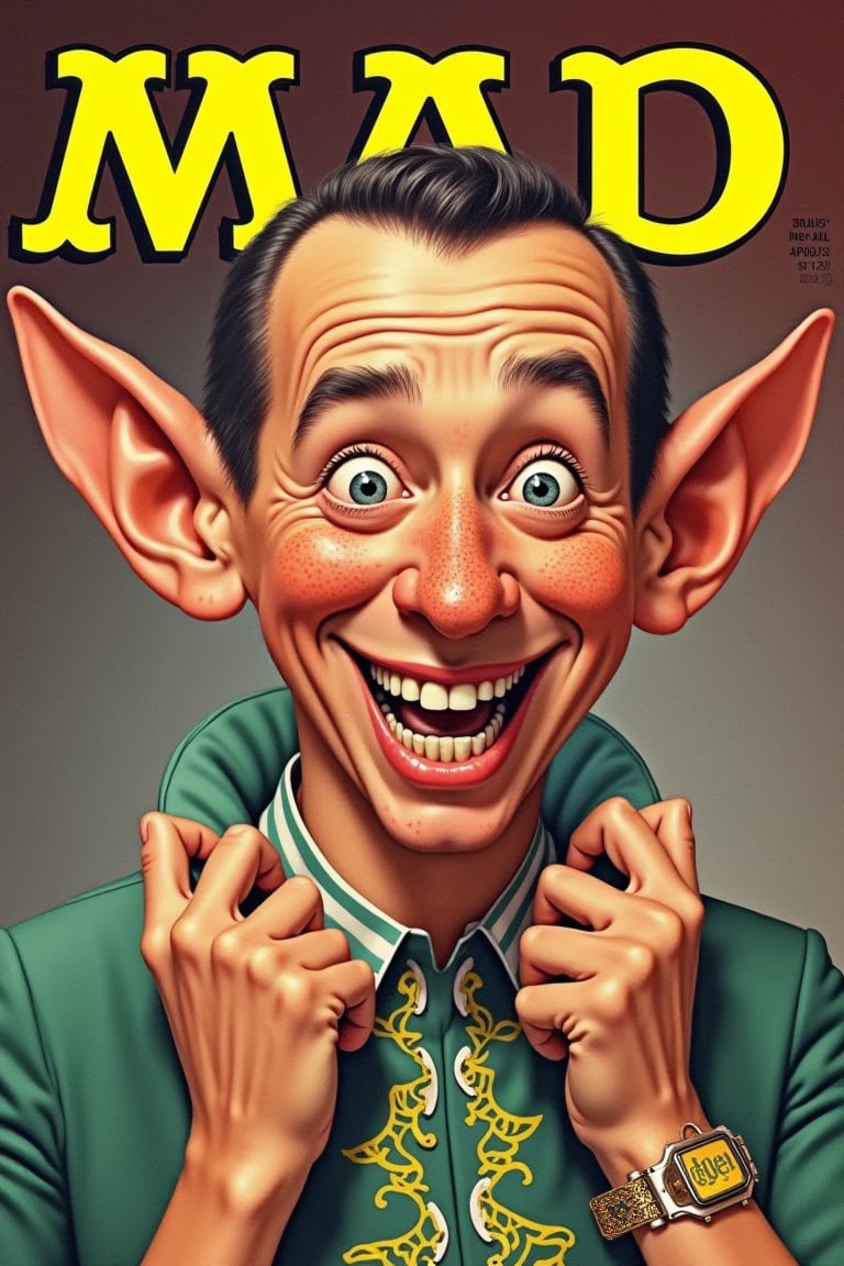 Mad magazine cover featuring alfred e neuman, freckled face, large ears, typical pose with gap in teeth, dressed as a dcrag queen, doing some weird thing that is funny and stupid