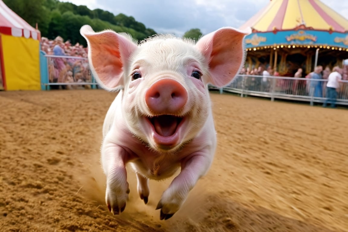a cute 10 week old piglet,  white,  riding a sudeshow at the fairground by Ravishastri on Tensor.Art